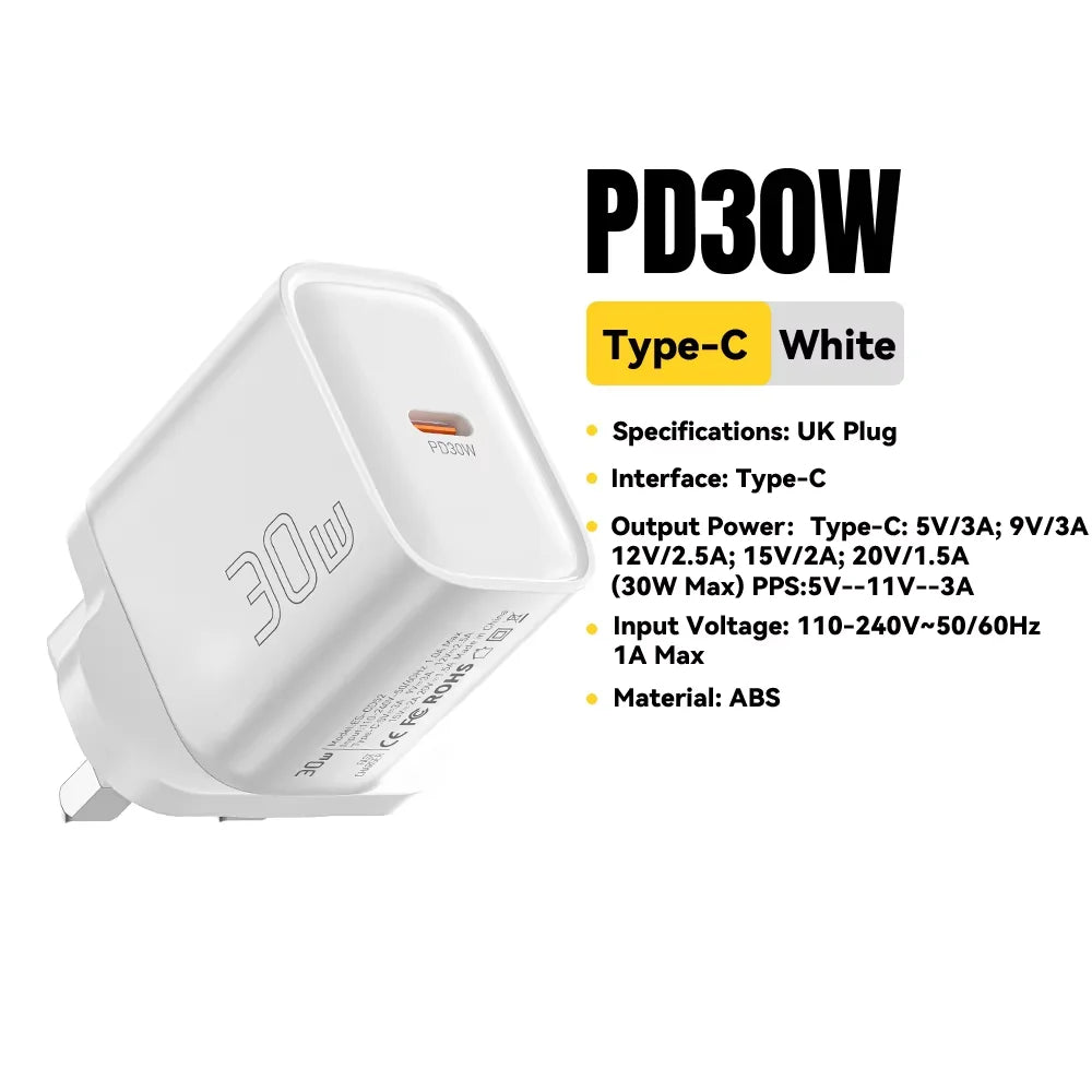 30W Type-C Charger PD 3.0 USB C Charger for Iphone 16 15 14 Pro Samsung Huawei Xiaomi Tablet Ipad Air Pro Phone Charger