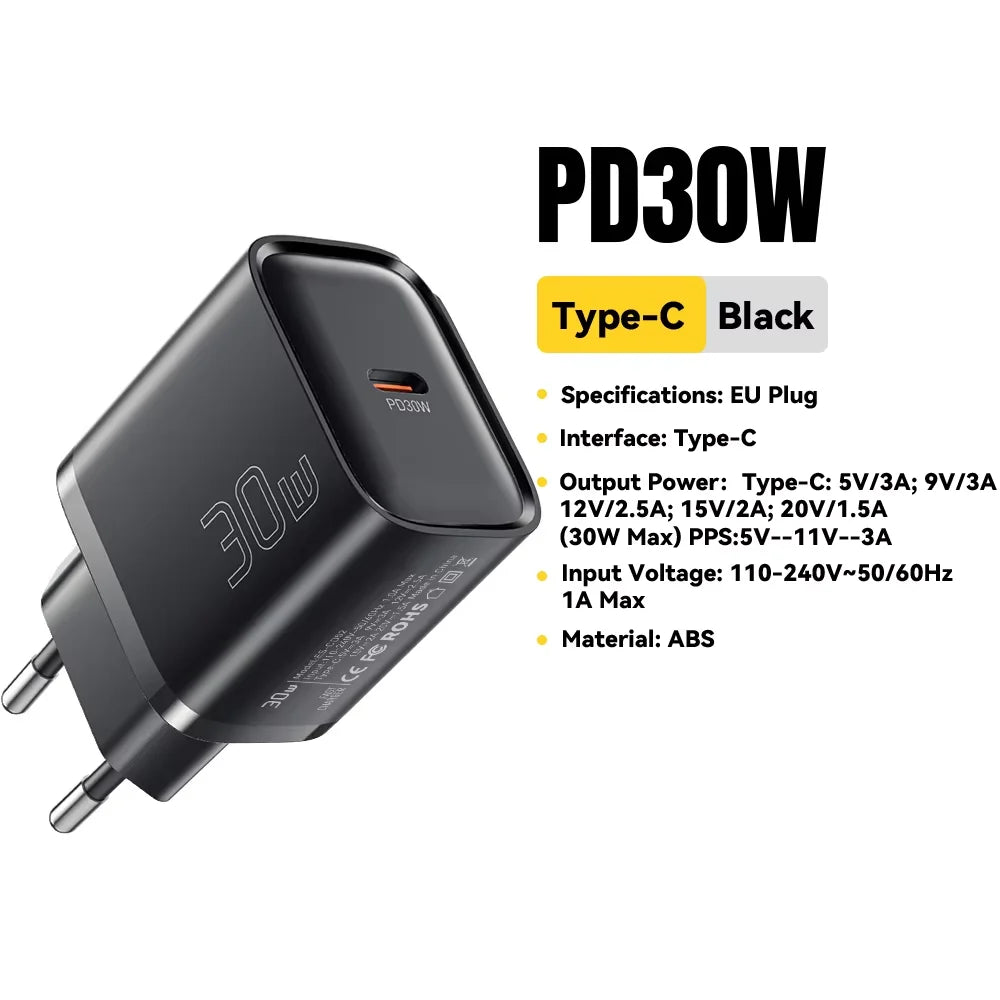 30W Type-C Charger PD 3.0 USB C Charger for Iphone 16 15 14 Pro Samsung Huawei Xiaomi Tablet Ipad Air Pro Phone Charger