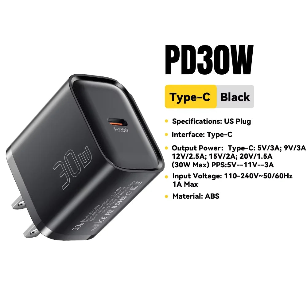30W Type-C Charger PD 3.0 USB C Charger for Iphone 16 15 14 Pro Samsung Huawei Xiaomi Tablet Ipad Air Pro Phone Charger