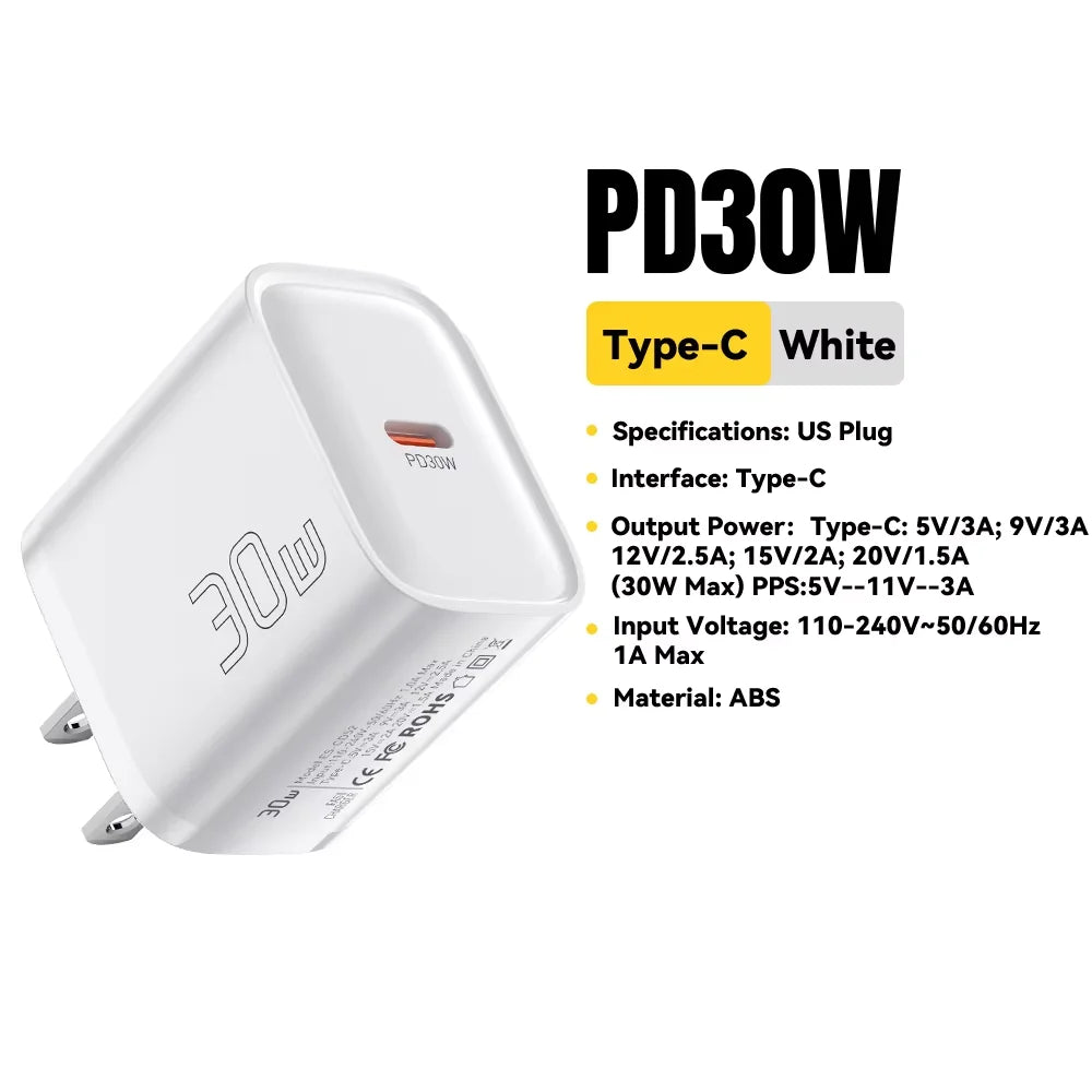 30W Type-C Charger PD 3.0 USB C Charger for Iphone 16 15 14 Pro Samsung Huawei Xiaomi Tablet Ipad Air Pro Phone Charger