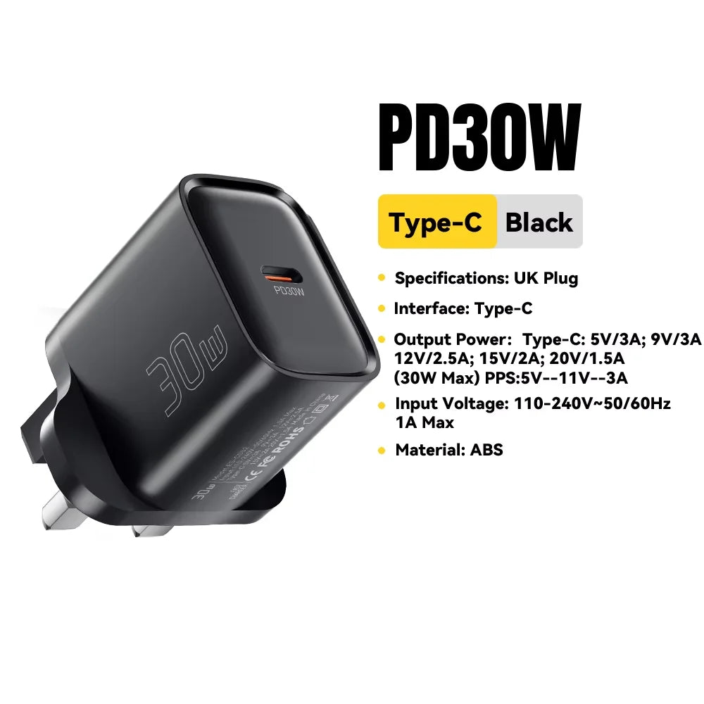 30W Type-C Charger PD 3.0 USB C Charger for Iphone 16 15 14 Pro Samsung Huawei Xiaomi Tablet Ipad Air Pro Phone Charger