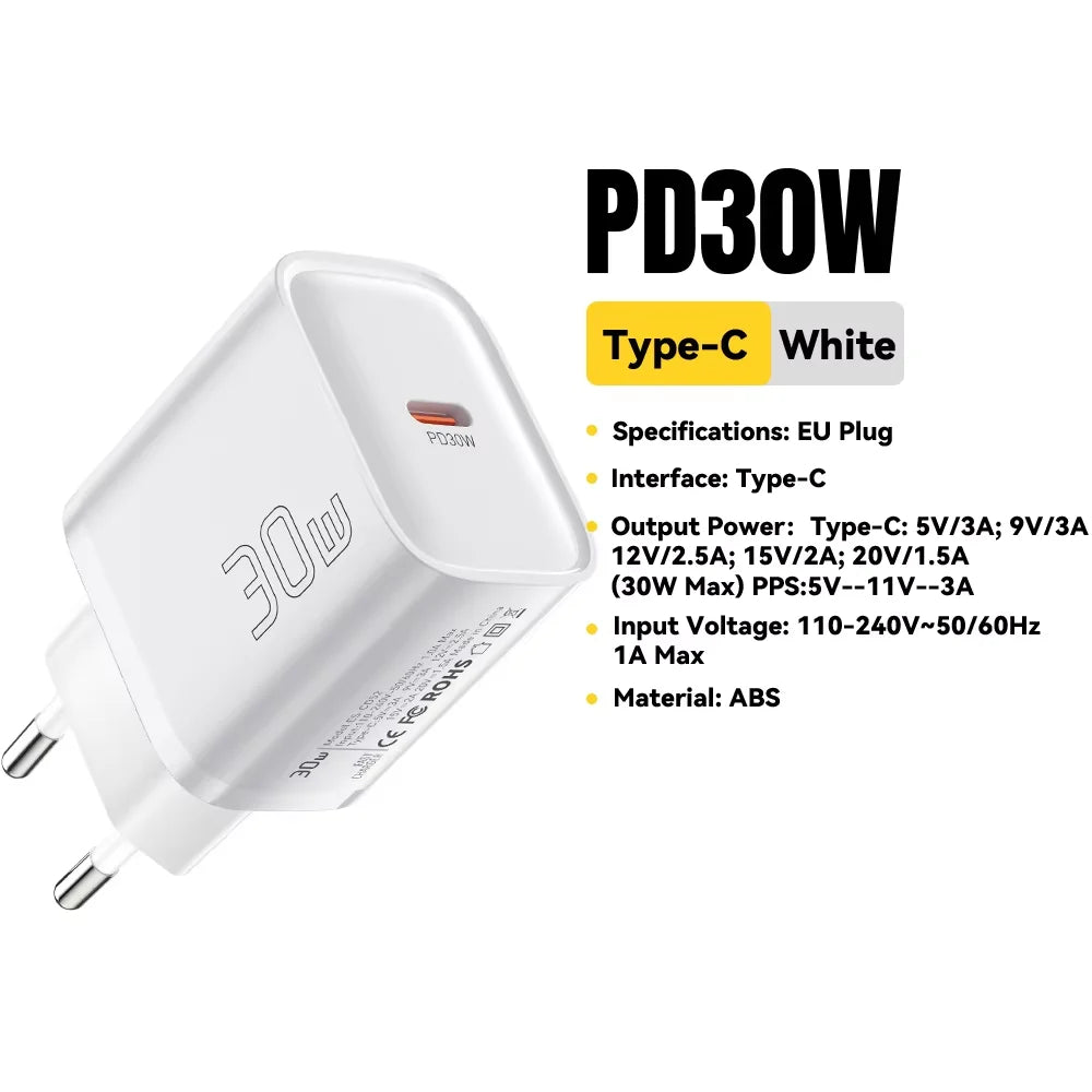 30W Type-C Charger PD 3.0 USB C Charger for Iphone 16 15 14 Pro Samsung Huawei Xiaomi Tablet Ipad Air Pro Phone Charger